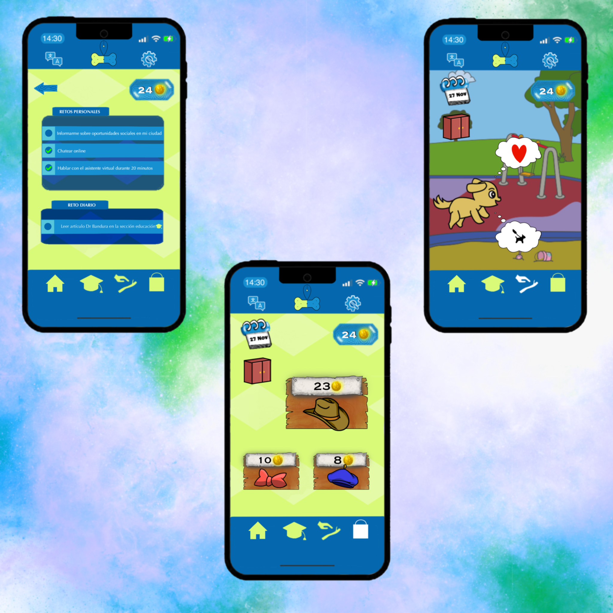 3 ilustrations of the CheckLists Screen, the Shop Screen and the Playground Screen above a multigradient background